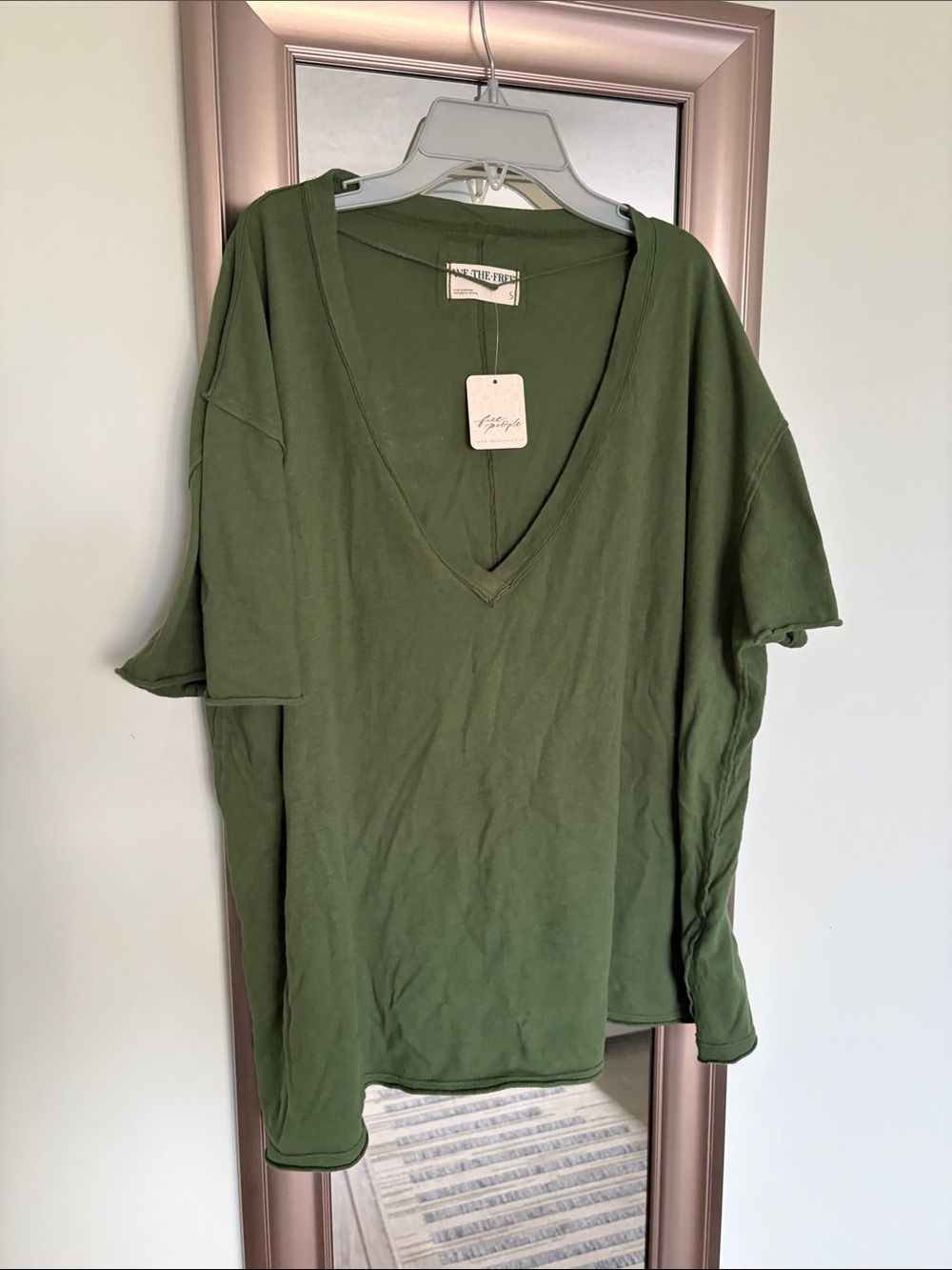 Free People Olive Deep V-Neck Oversized Tee